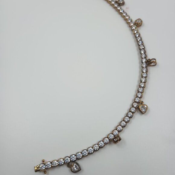 CZ Goldtone 925 Sterling Silver Tennis Bracelet with Dangle Hearts. - Picture 5 of 5